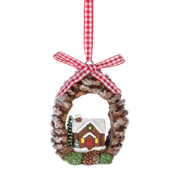 Snowy Gingerbread Cottage Pinecone Wreath Ornament