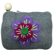 Felt Wool  Artisan Gray Coin Purse with Flower Applique