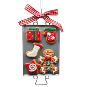 Clay Dough Holiday Cookies on Metal Pan  Ornament Present and Mitten