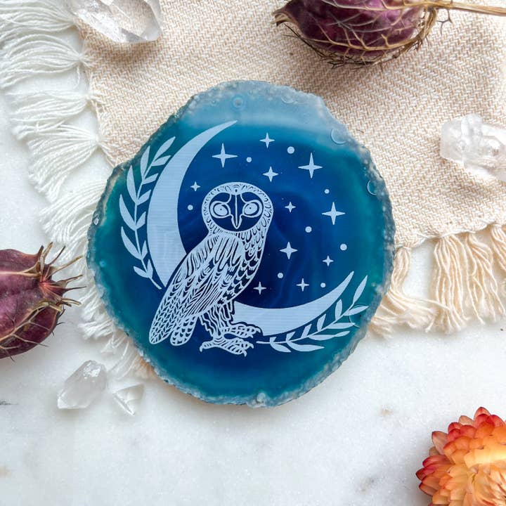 "Owl" Halloween Decor Engraved Agate Slice Gemstone Crystal