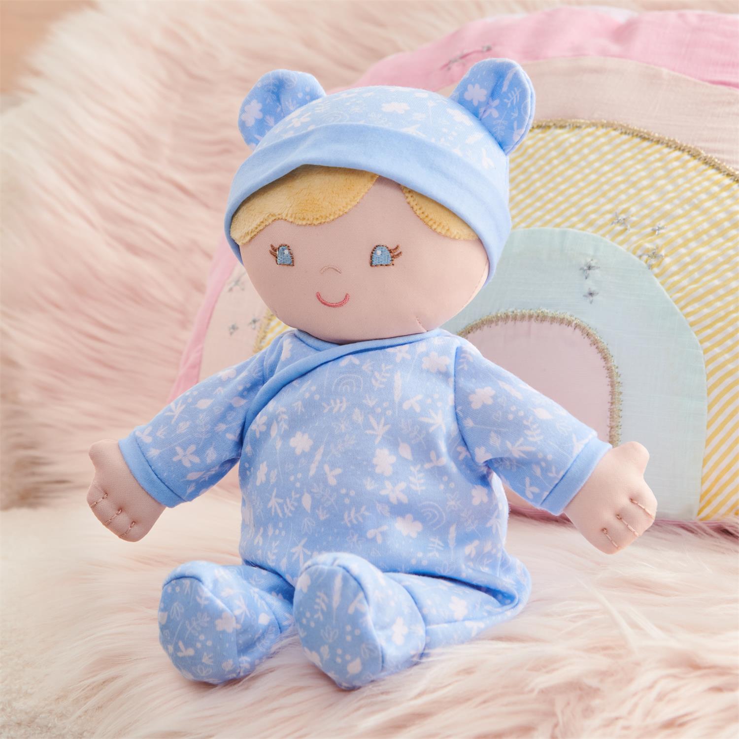 Plush Baby Doll Sustainable Aster Dressed In A Blue Onesie by Homeportonline