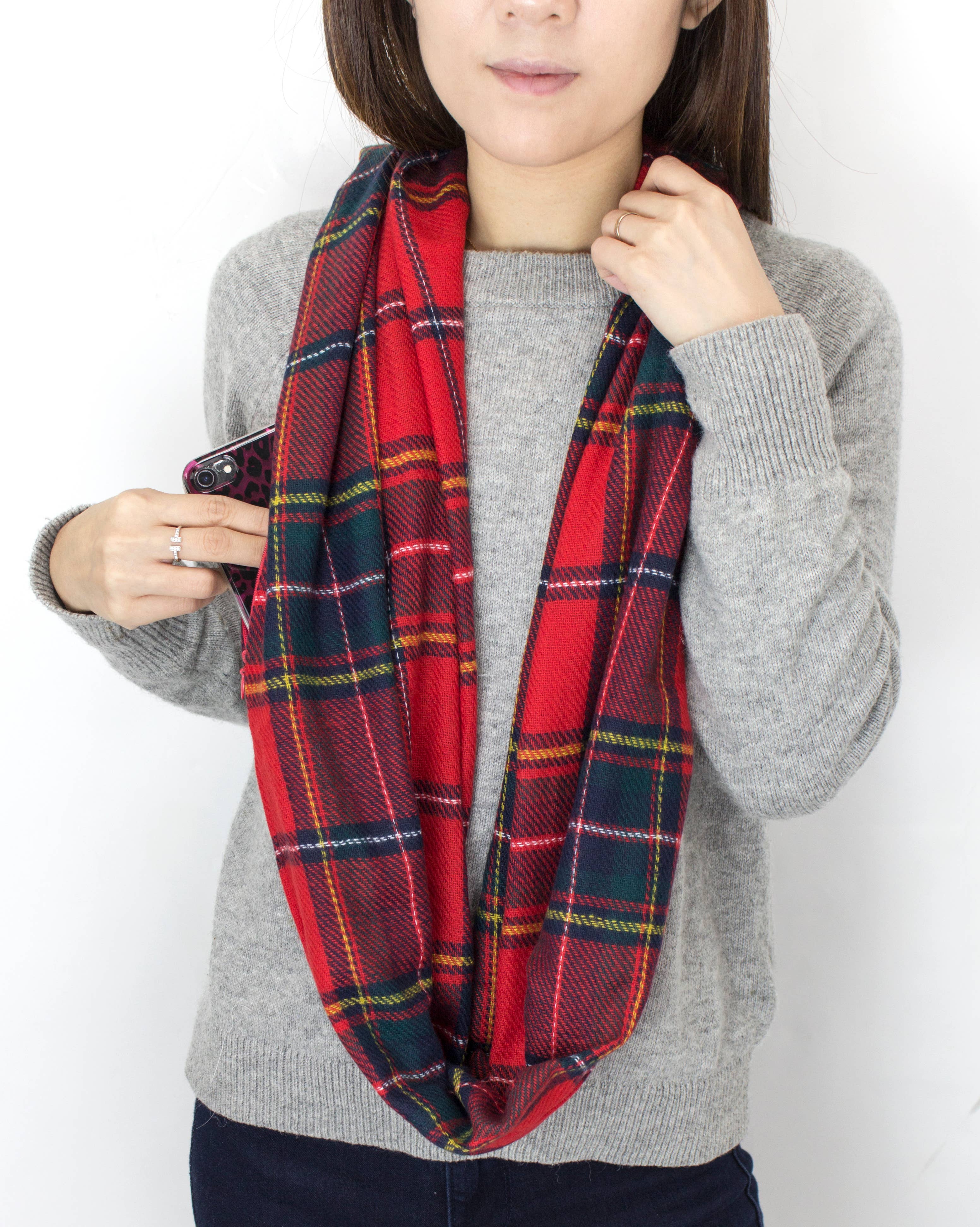 Stylish Plaid Infinity Scarf with Hidden Zipper: Muted Green & Red by SidePony Boutique
