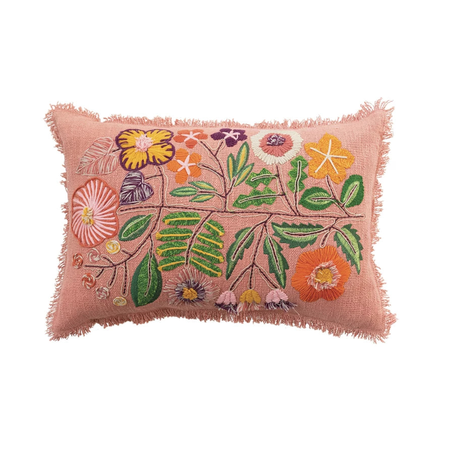 Pillow Lumbar Cotton Embroidered Flowers & Eyelash Fringe 24"L x 16"H by Homeportonline