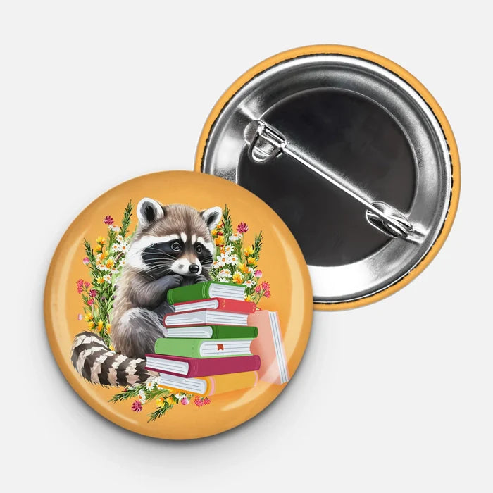Bookish Raccoon Pinback Button - 1.75" Button