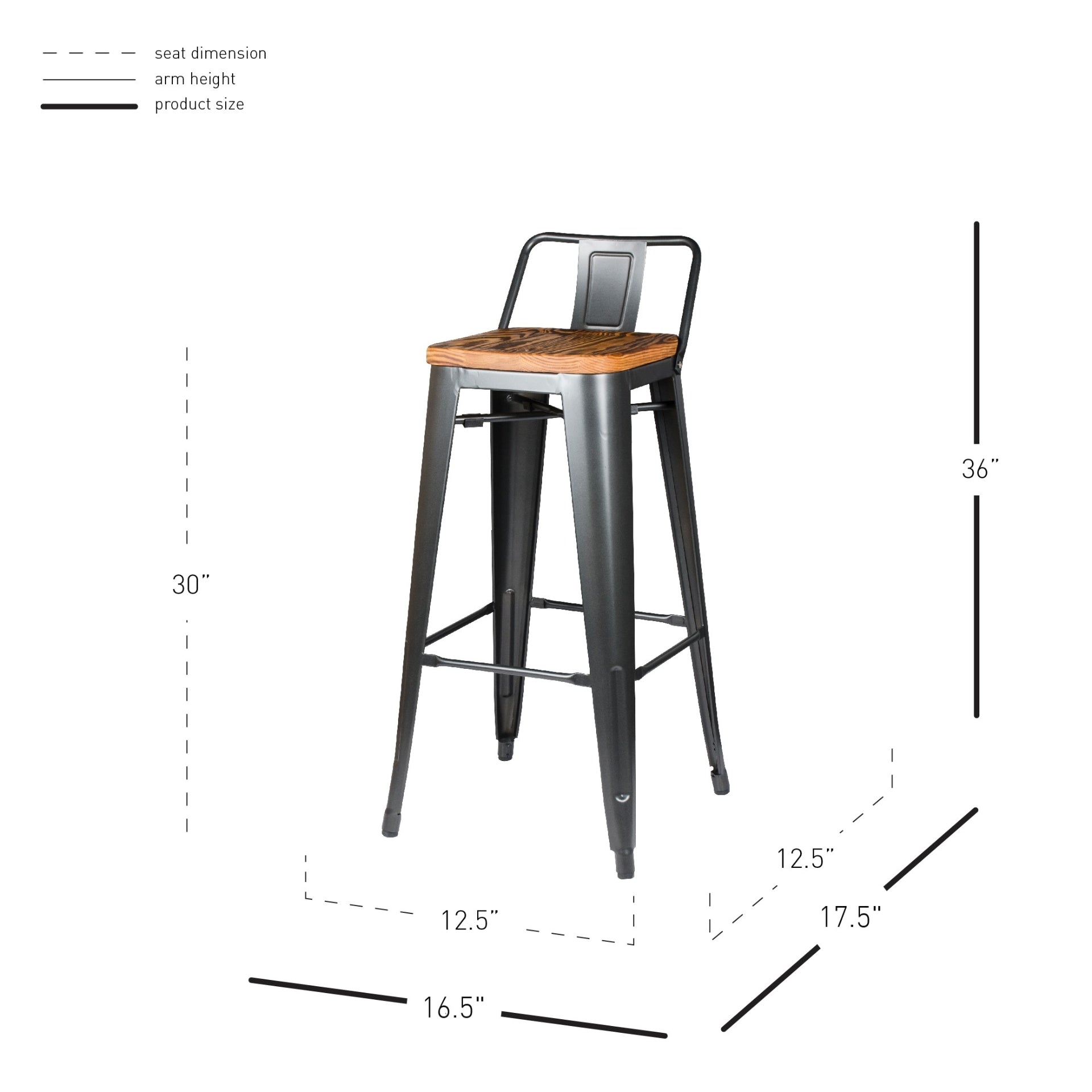 Metropolis Wood Seat Low Back Bar Stool 30in Gunmetal by Homeportonline