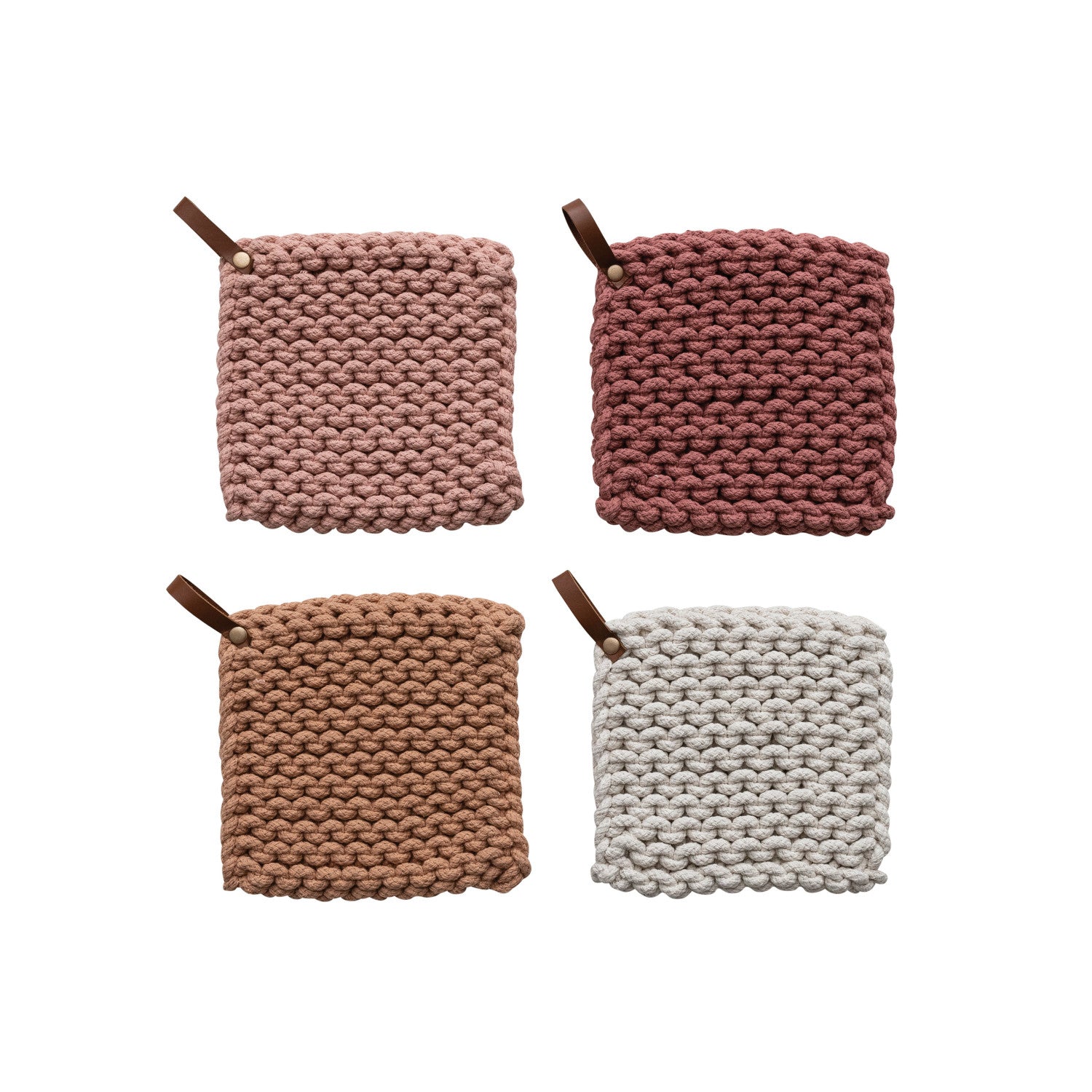 Cotton Crocheted Pot Holder w/ Leather Loop, 4 Colors by Homeportonline
