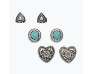 Silver And Turquoise Stud Trio – Intricate Shapes in Coordinated Style