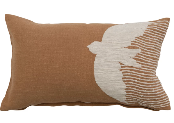 Pillow Lumbar Cotton Slub Embroidered Bird Mustard & Cream by Homeportonline