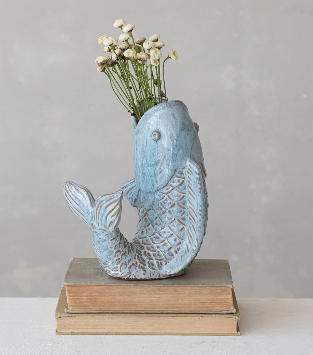 Vase Stoneware Fish Blue 8.25"h by Homeportonline