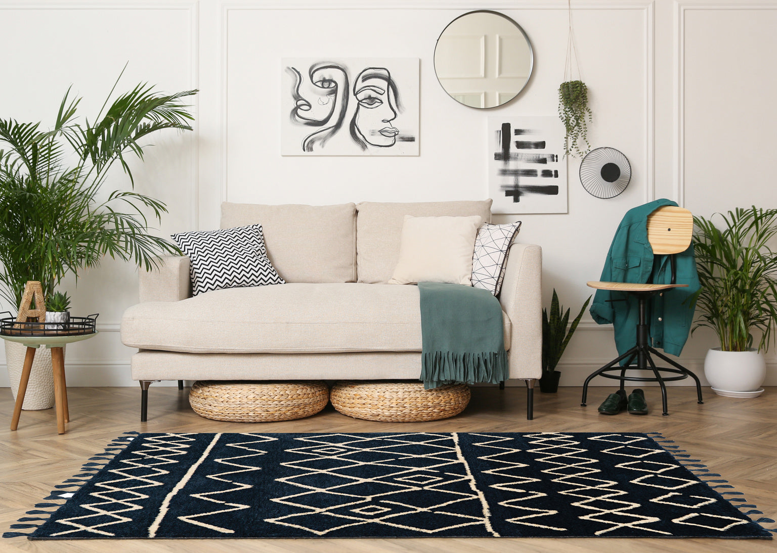 Marrakech Zag Ivory and Blue Rug 5ft x 7ft by Homeportonline
