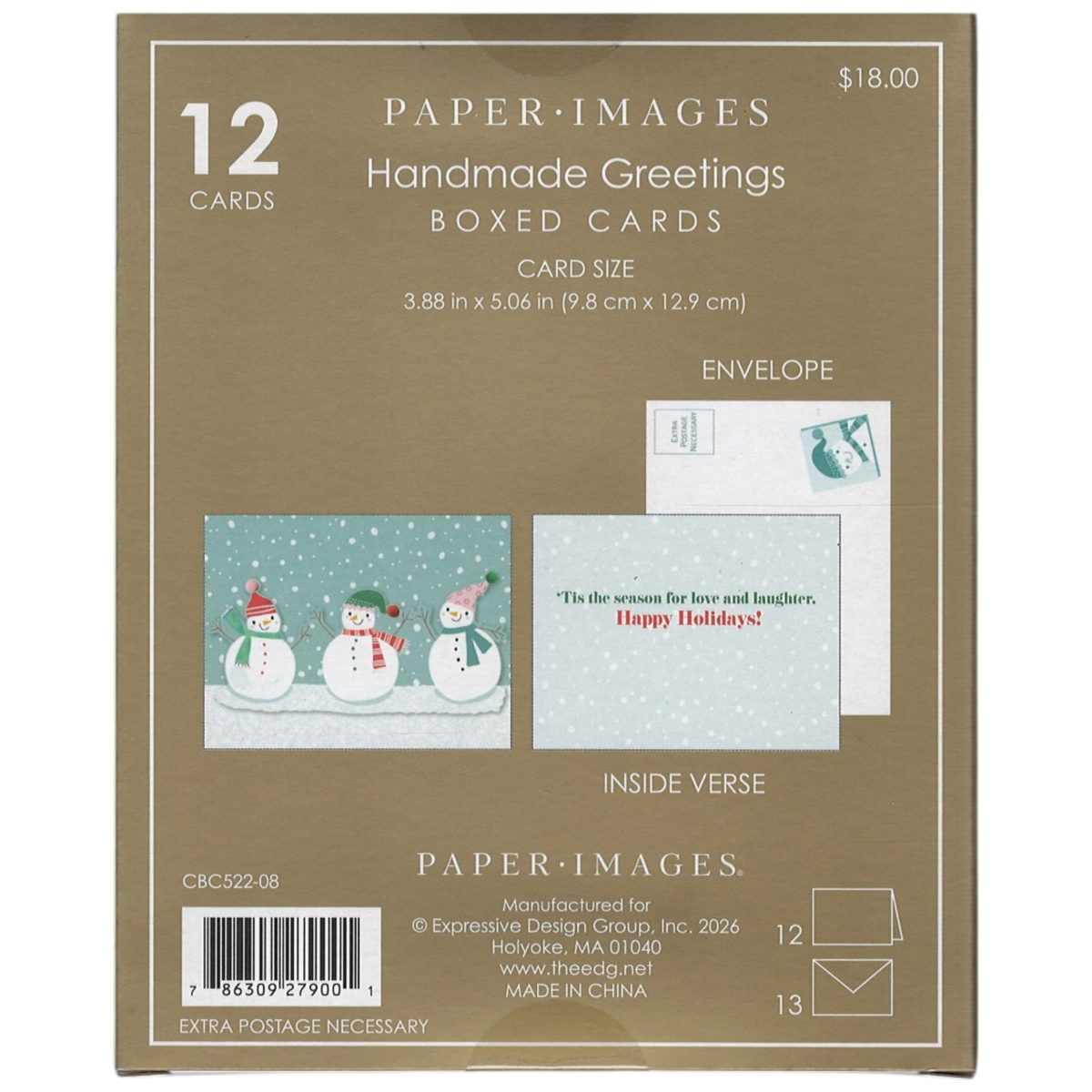 Handmade Greetings Boxed Cards - Three Snowmen