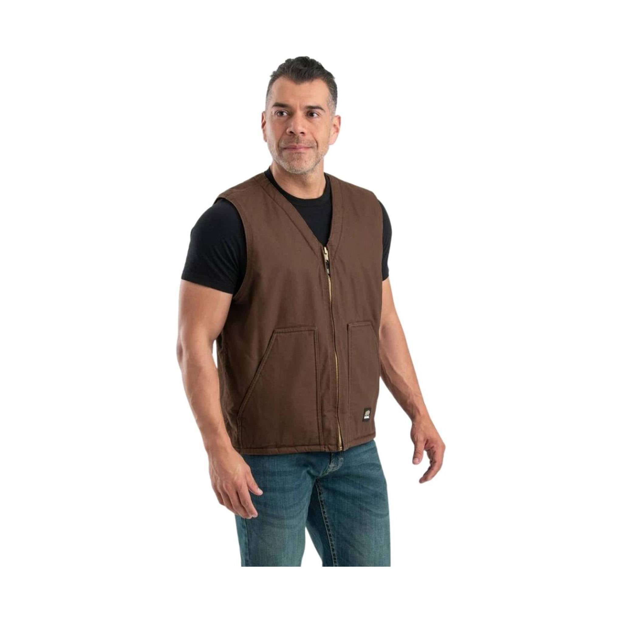 Berne Men's Heartland Sherpa-Lined Washed Duck V-Neck Vest - Bark by Lenny's Shoe & Apparel