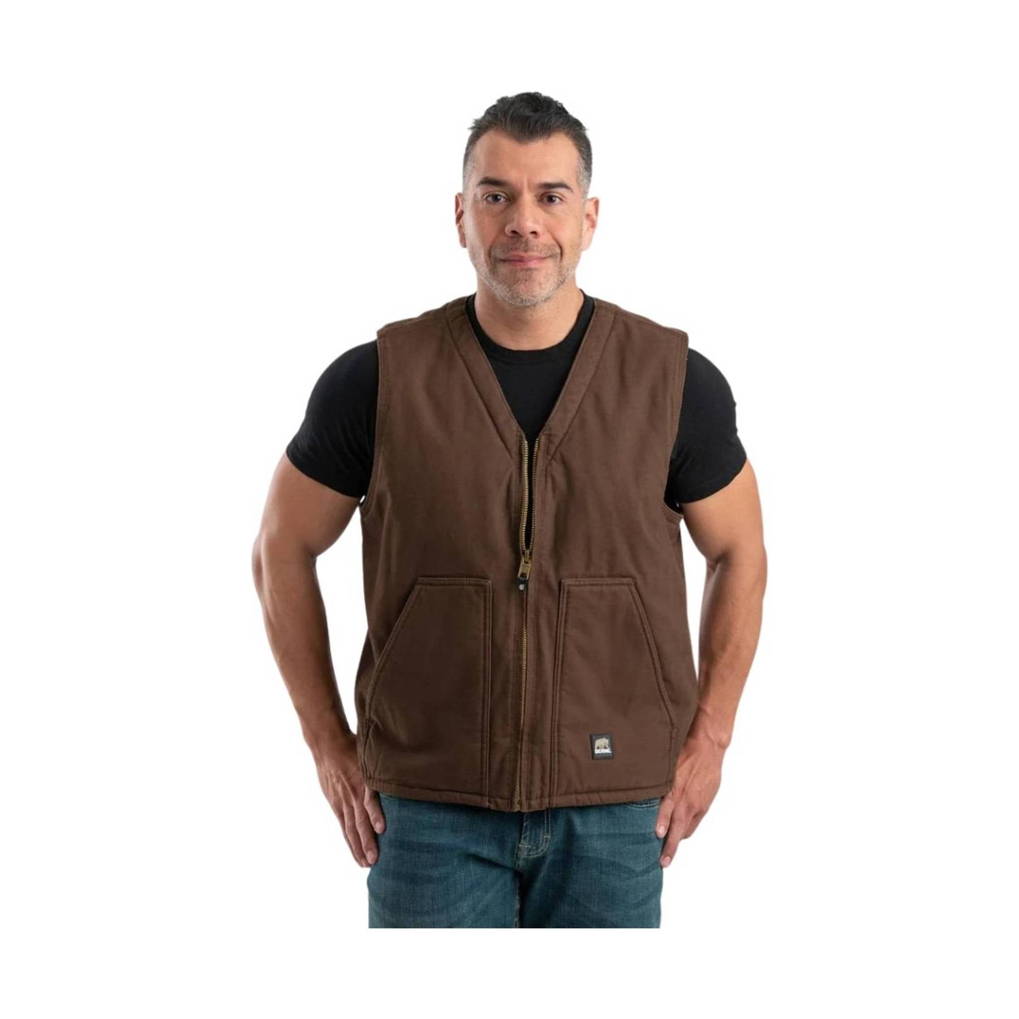 Berne Men's Heartland Sherpa-Lined Washed Duck V-Neck Vest - Bark by Lenny's Shoe & Apparel