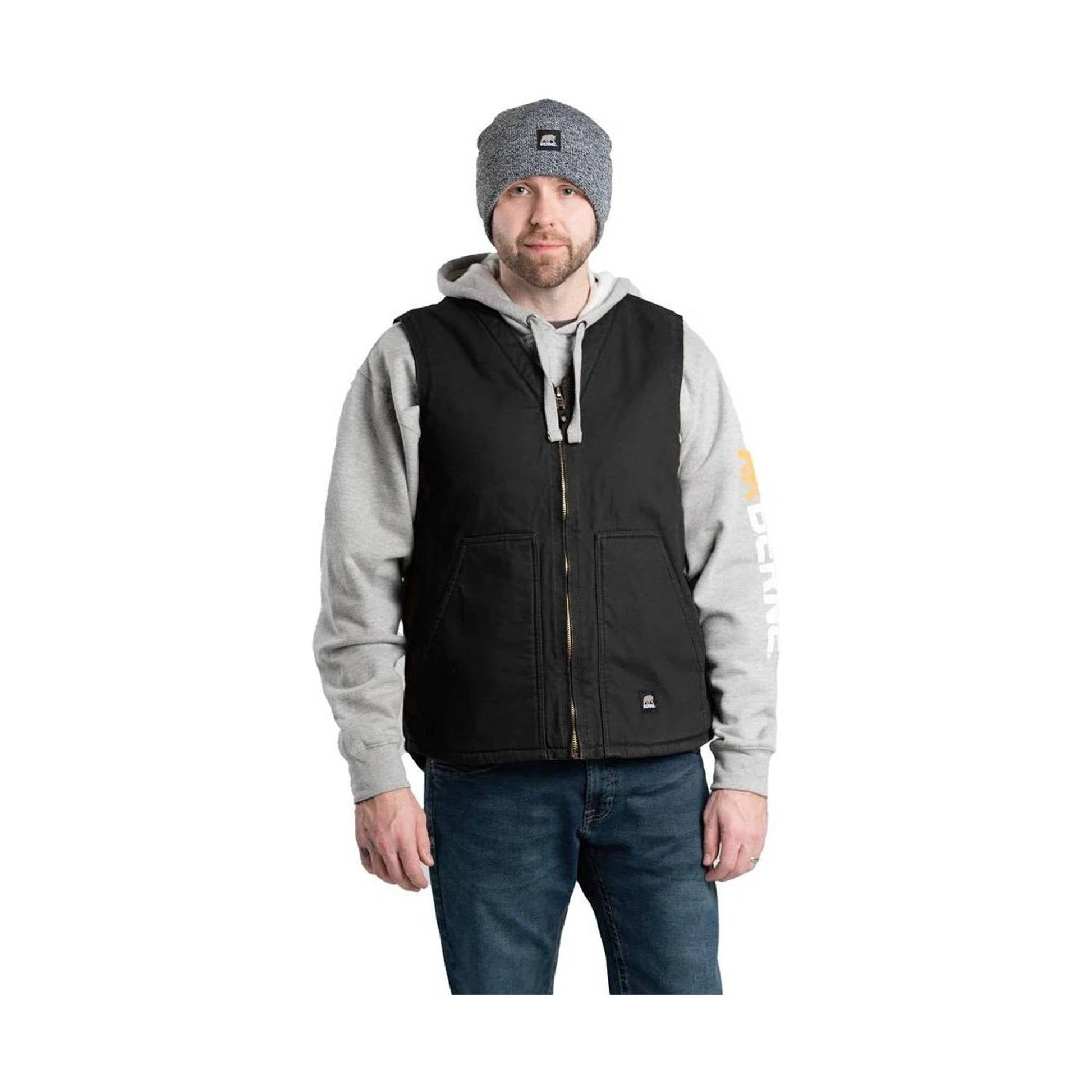 Berne Men's Heartland Sherpa-Lined Washed Duck V-Neck Vest - Black by Lenny's Shoe & Apparel