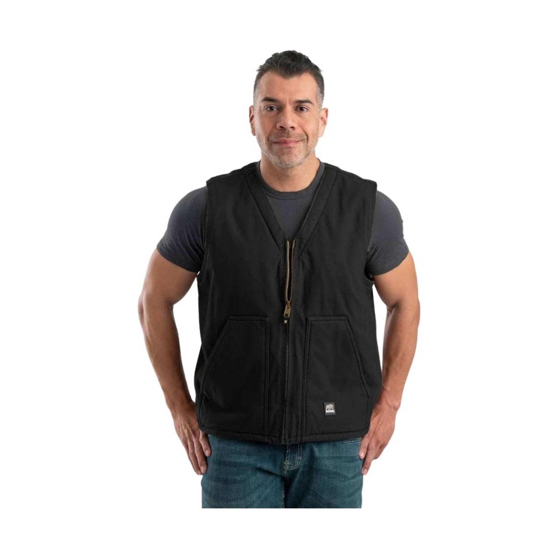 Berne Men's Heartland Sherpa-Lined Washed Duck V-Neck Vest - Black by Lenny's Shoe & Apparel