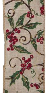 Holly Print Wire Ribbon - 2.5" x 10 Yards