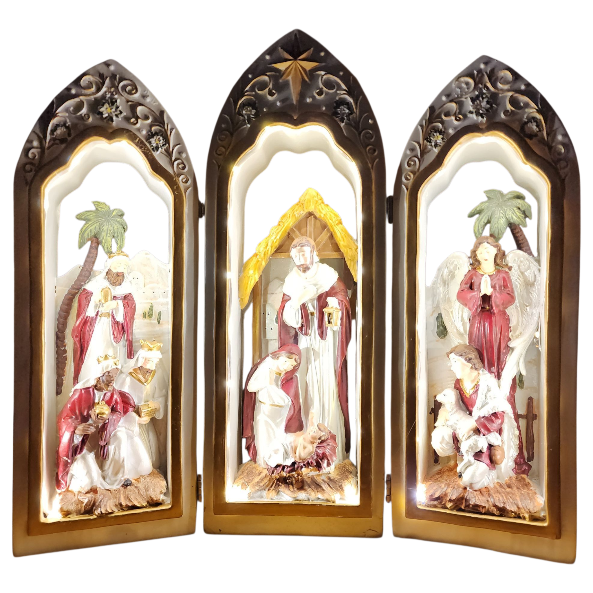 Lighted Holy Family Triptych with Pearlized Finish And Scrolls