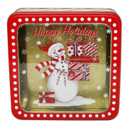 Square Cookie Tin with Window - Happy Holidays Snowman