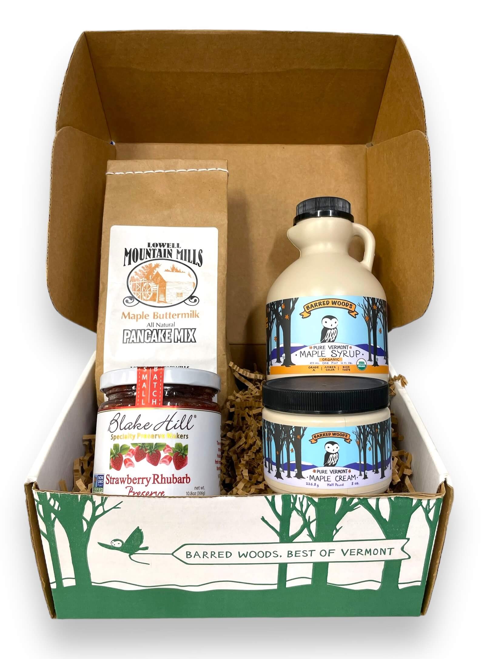 Taste of Vermont Gift Box. Pancakes, Maple Syrup, and Blake Hill Strawberry Rhubarb Preserve by Barred Woods Maple