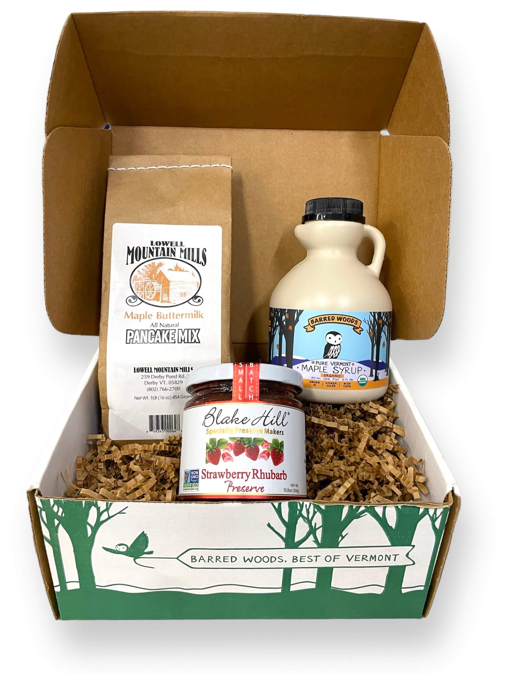 Taste of Vermont Gift Box. Pancakes, Maple Syrup, and Blake Hill Strawberry Rhubarb Preserve by Barred Woods Maple