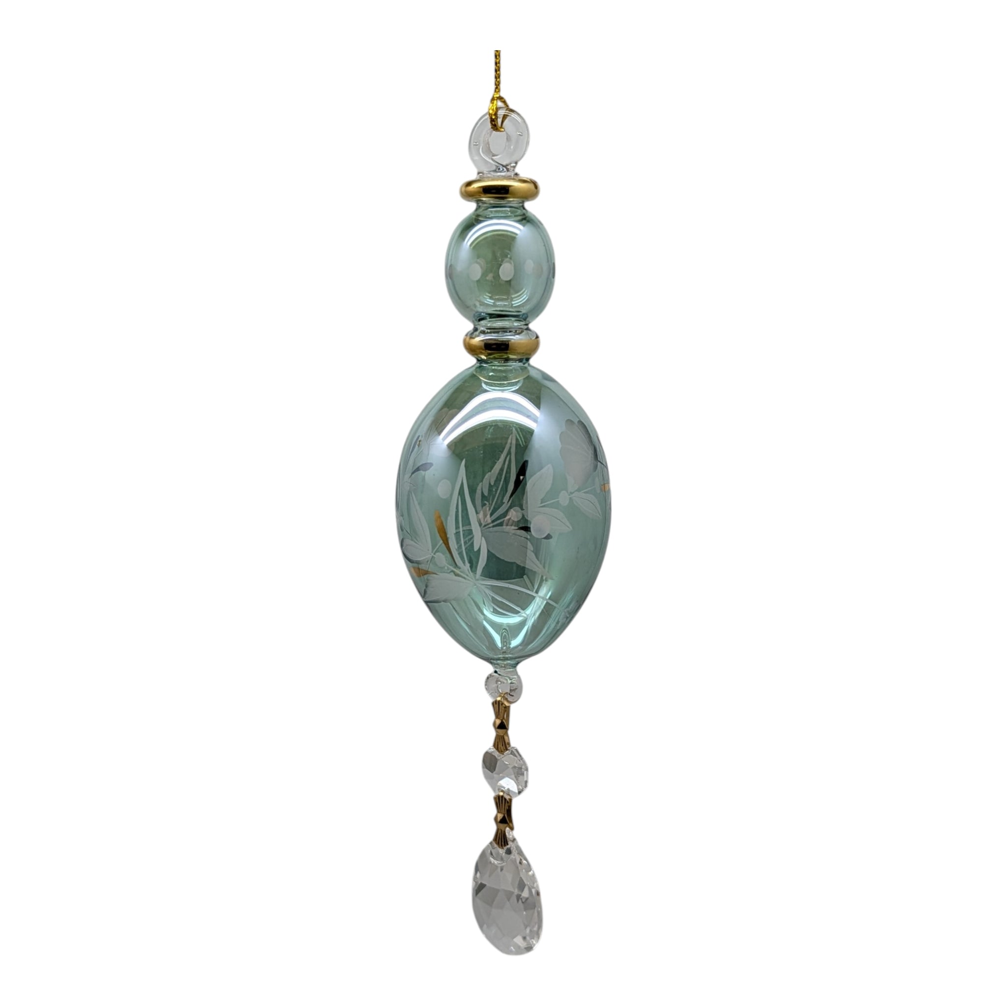 Sage Green Elongated Perfume Bottle Ornament with Crystal Dangles