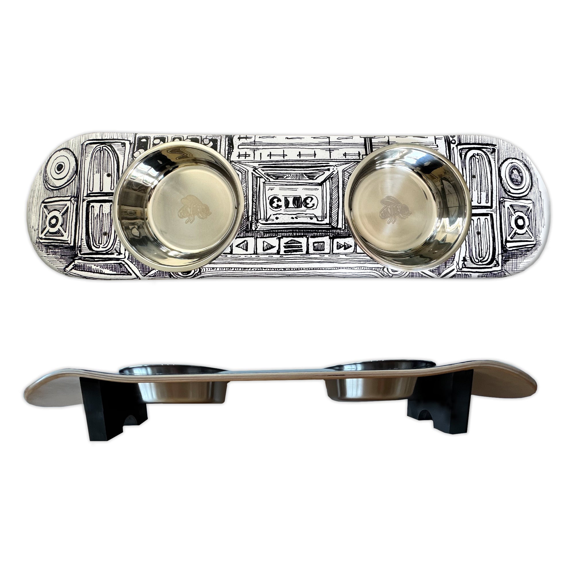 BoomBox - Elevated Skateboard Cat Feeding Stand with 2 Bowls