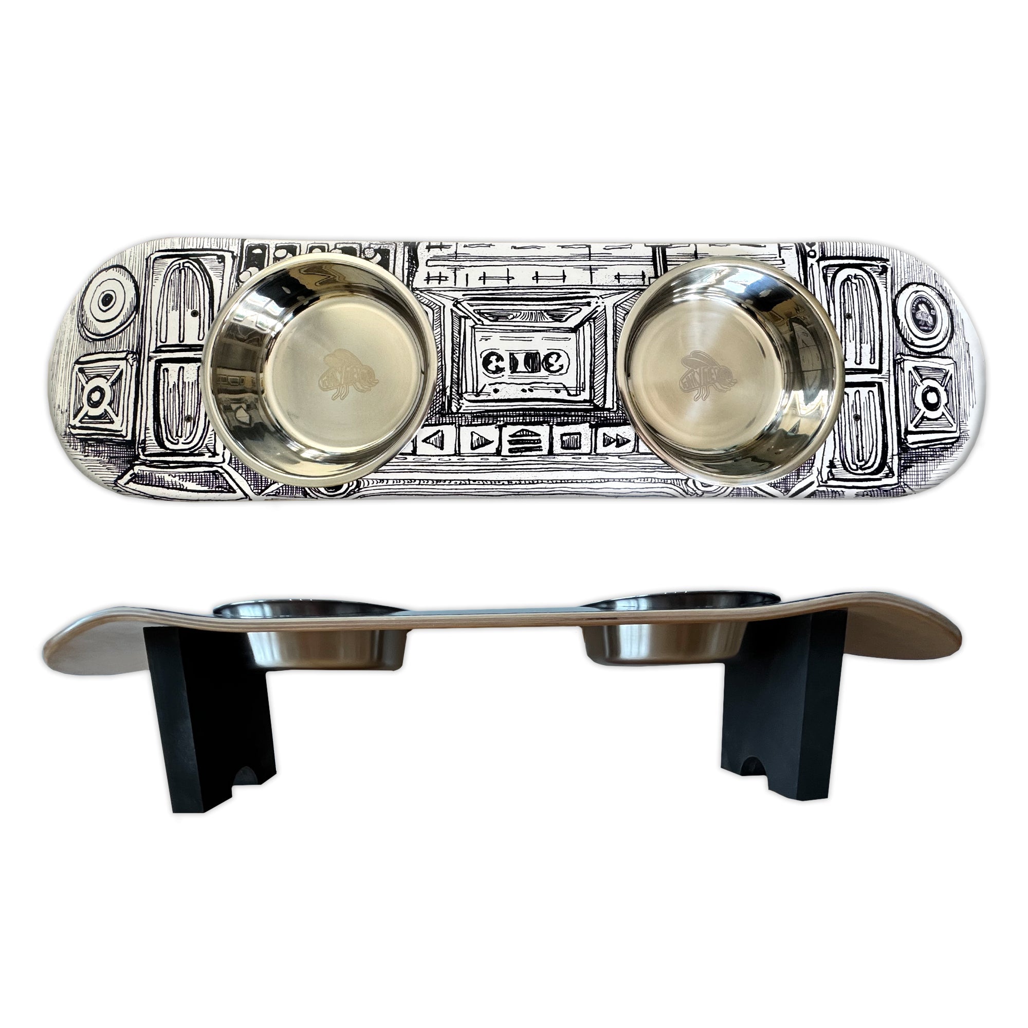 BoomBox - Elevated Skateboard Dog Feeding Stand with 2 Bowls