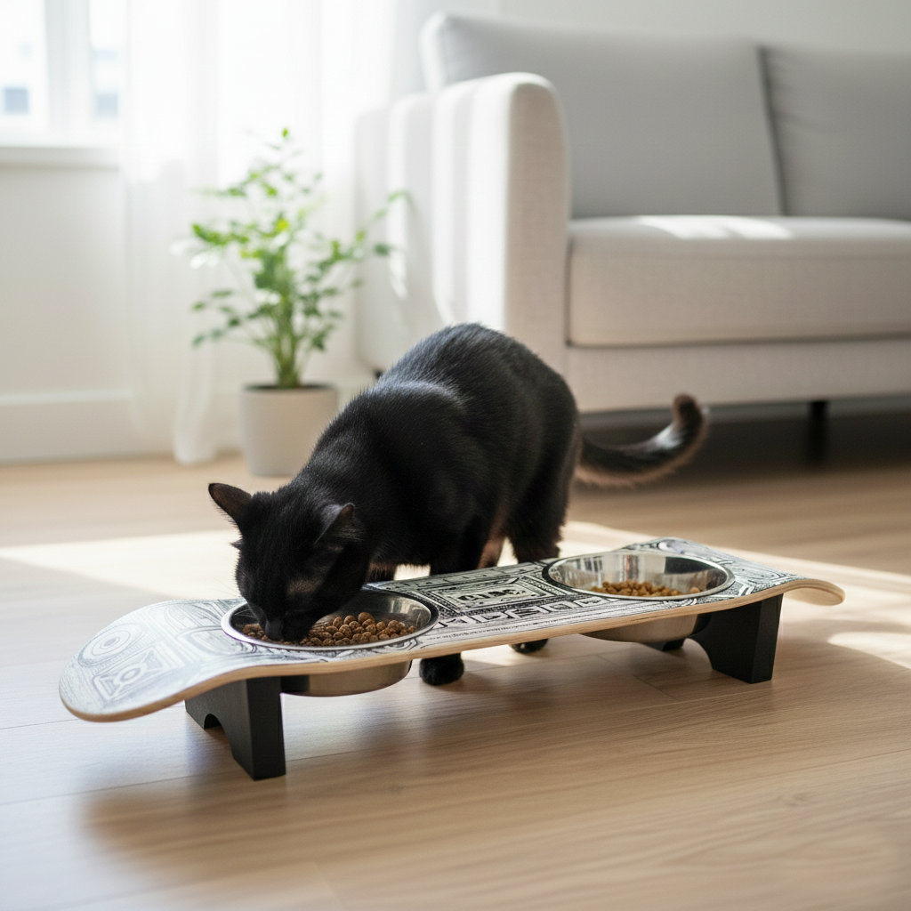 BoomBox - Elevated Skateboard Cat Feeding Stand with 2 Bowls