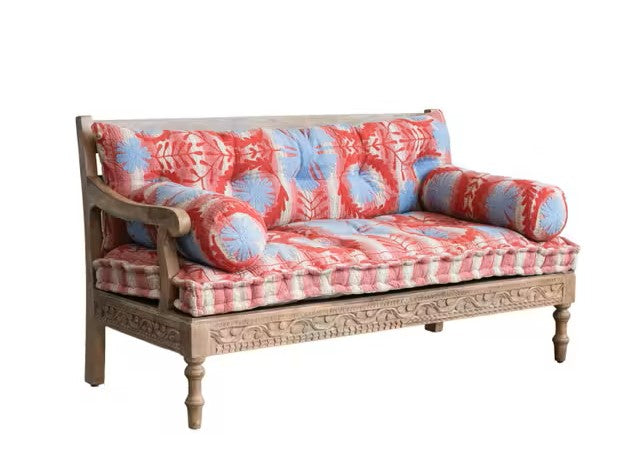 Sofa Wood Embroidered Cushions with 2 Bolster Pillows Red & Blue 59"w by Homeportonline