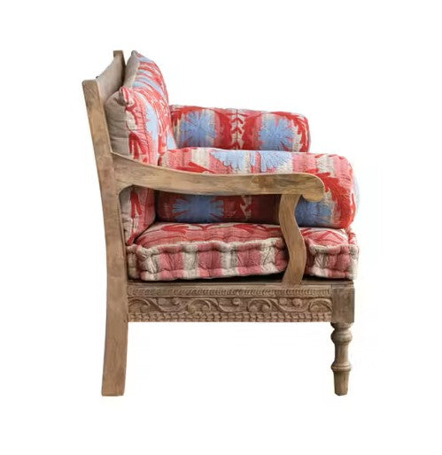 Sofa Wood Embroidered Cushions with 2 Bolster Pillows Red & Blue 59"w by Homeportonline