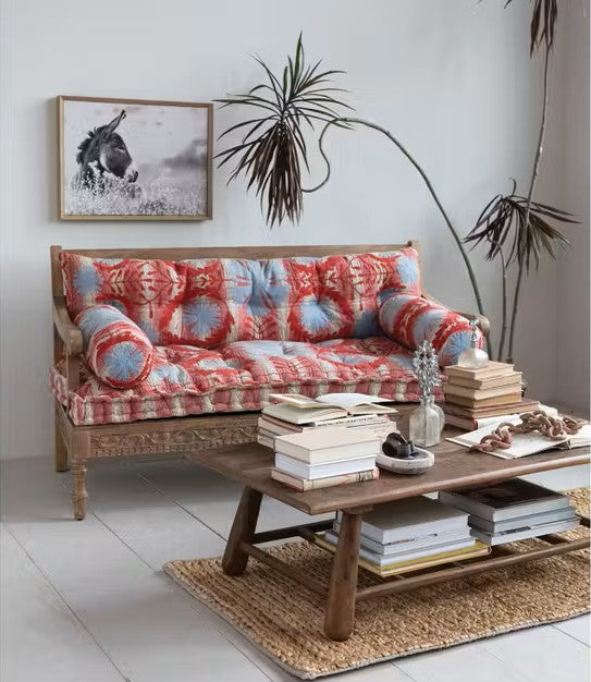 Sofa Wood Embroidered Cushions with 2 Bolster Pillows Red & Blue 59"w by Homeportonline