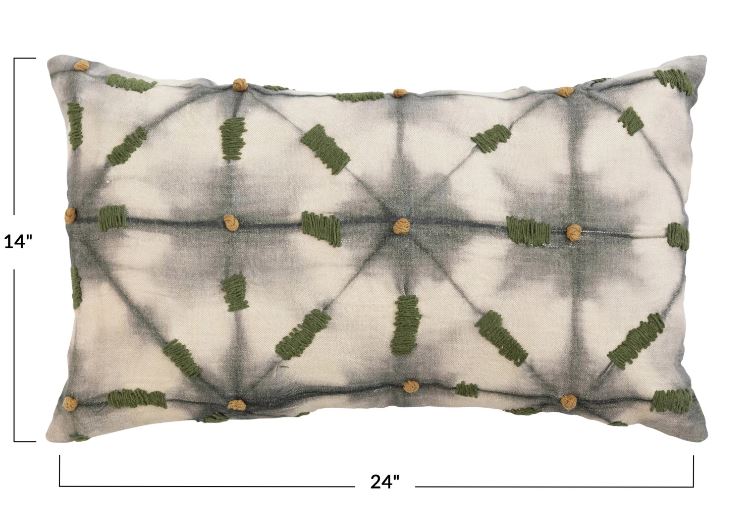 Pillow Lumbar Tie Dye Embroidered Linen Green 24" X 14" by Homeportonline