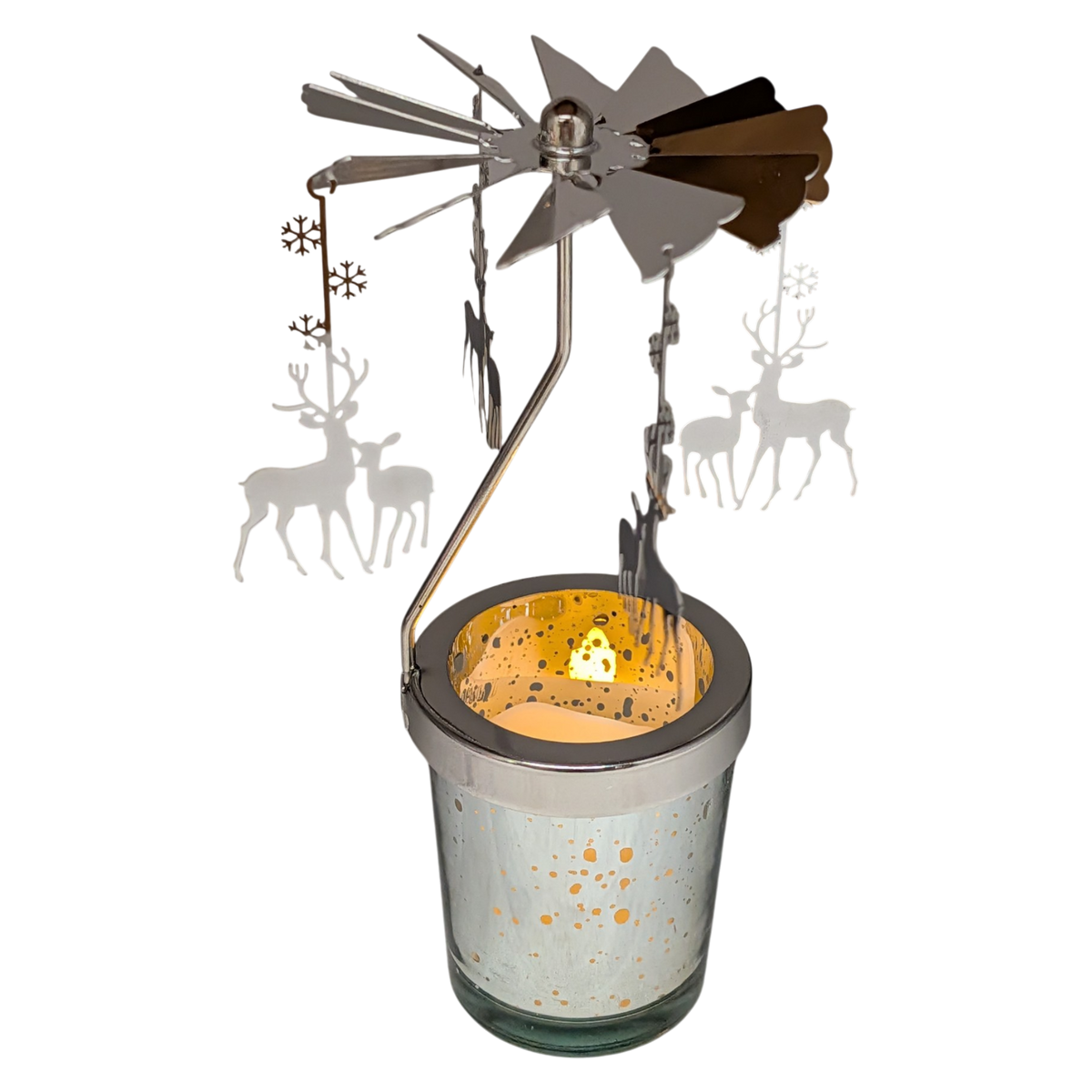 Starry Sky Rotating Candle Holder - Silver with Reindeer Dangles