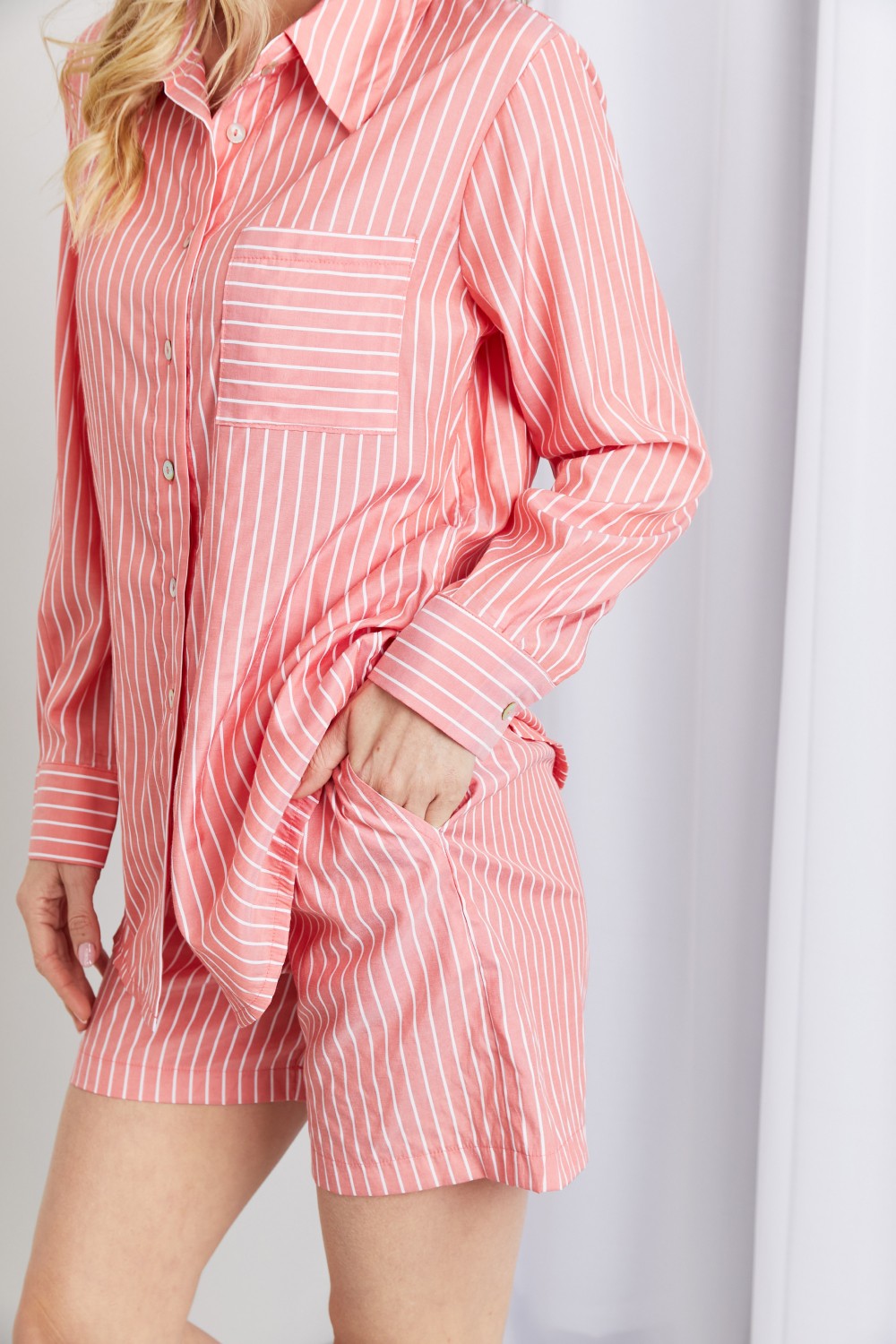 Striped Shirt and Shorts Loungewear Set in Deep Coral by SidePony Boutique