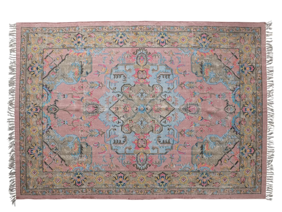 Rug Dhurrie Woven Distressed Printed Cotton With Fringe Pinks & Blues 5' x 8' by Homeportonline