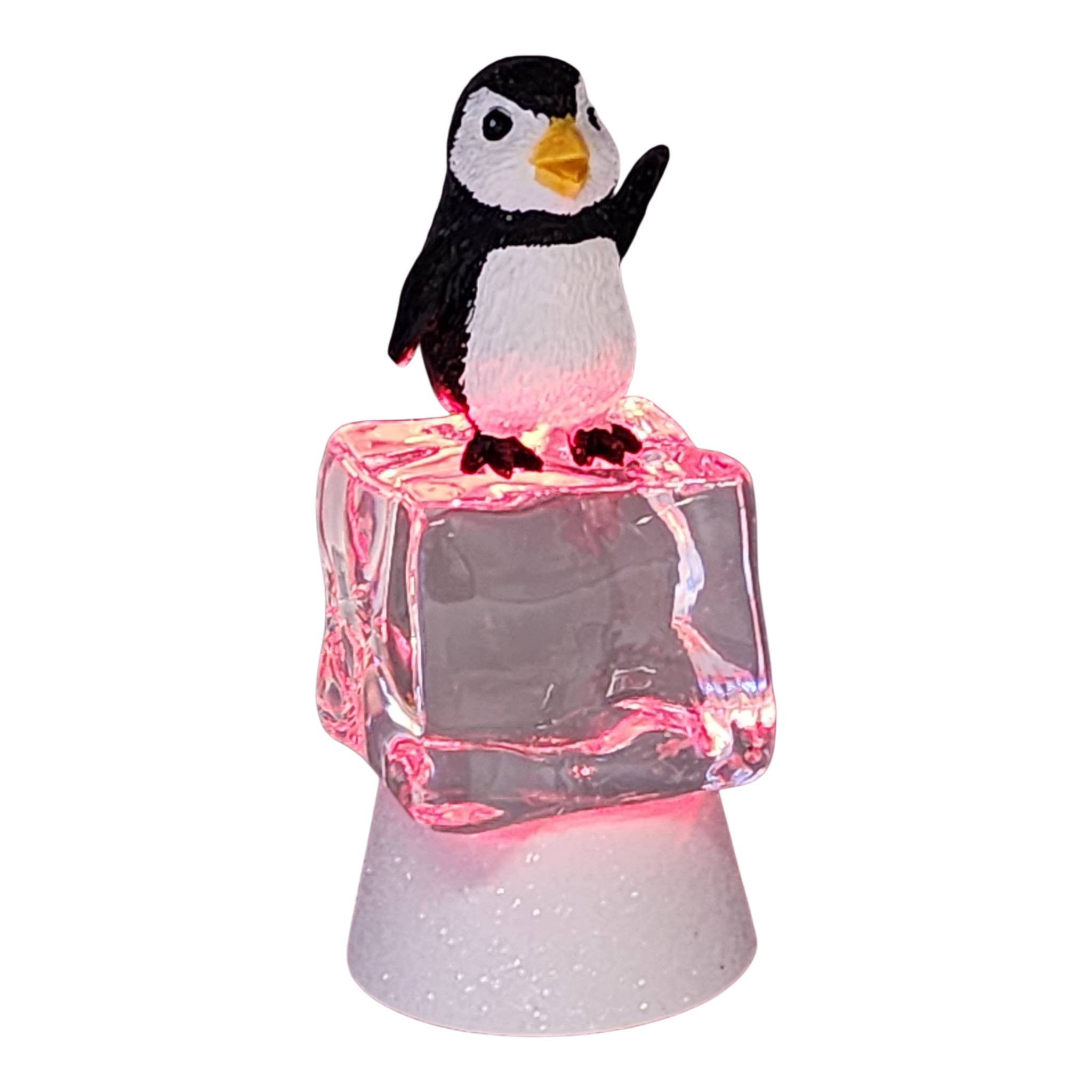Penguin Sitting on Color-changing Lighted Icecube -