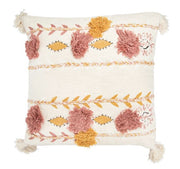 Pillow Embroidered & Applique Cotton Blend Corner Tassels Cream With Gold & Pink 20" Square by Homeportonline