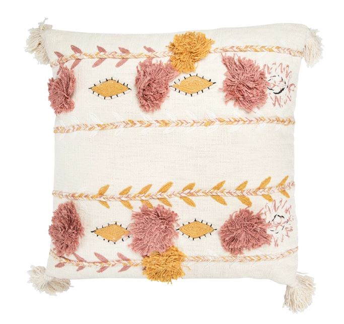 Pillow Embroidered & Applique Cotton Blend Corner Tassels Cream With Gold & Pink 20" Square by Homeportonline