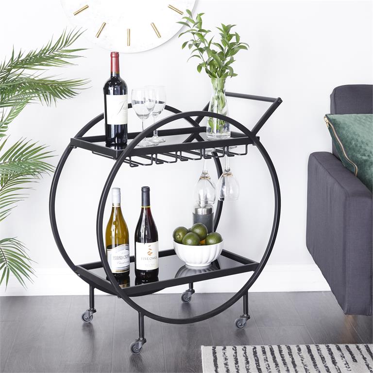 Black Metal Rolling 2 Mirrored Shelf Bar Cart by Homeportonline