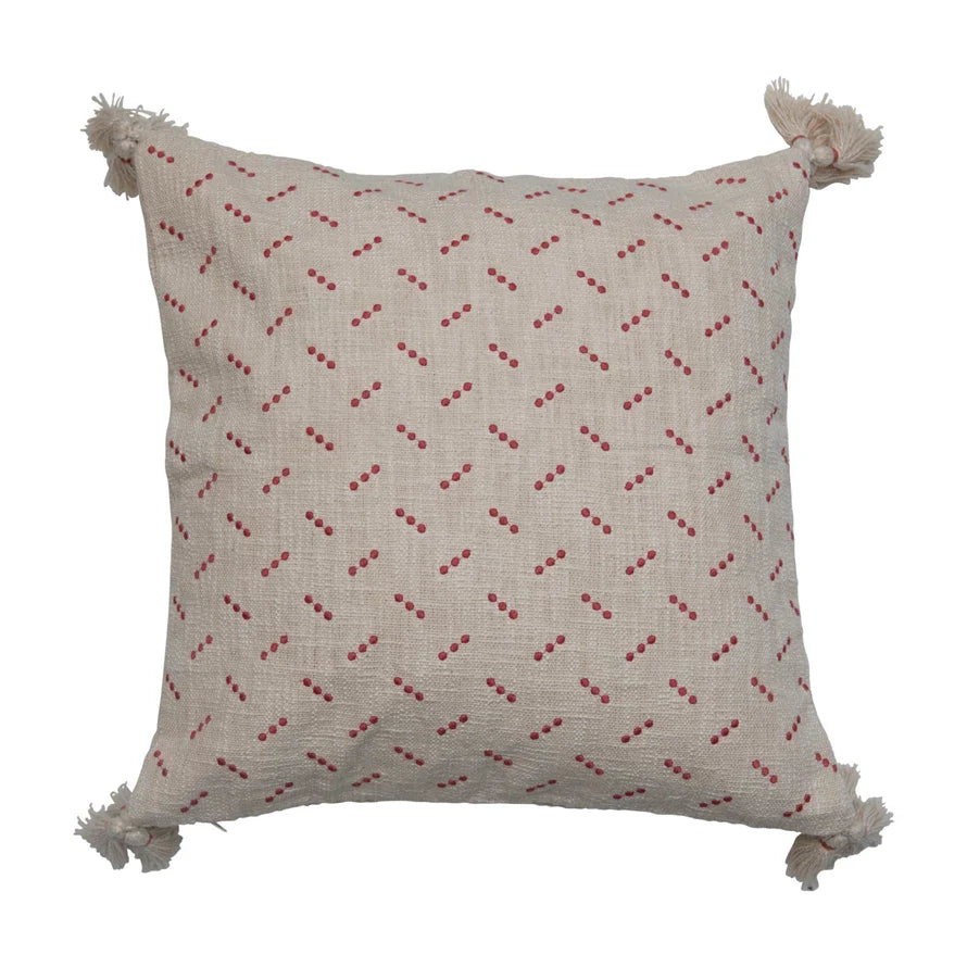 Pillow Embroidered Dots & Tassels Cotton Slub Cream & Red 20" Square by Homeportonline