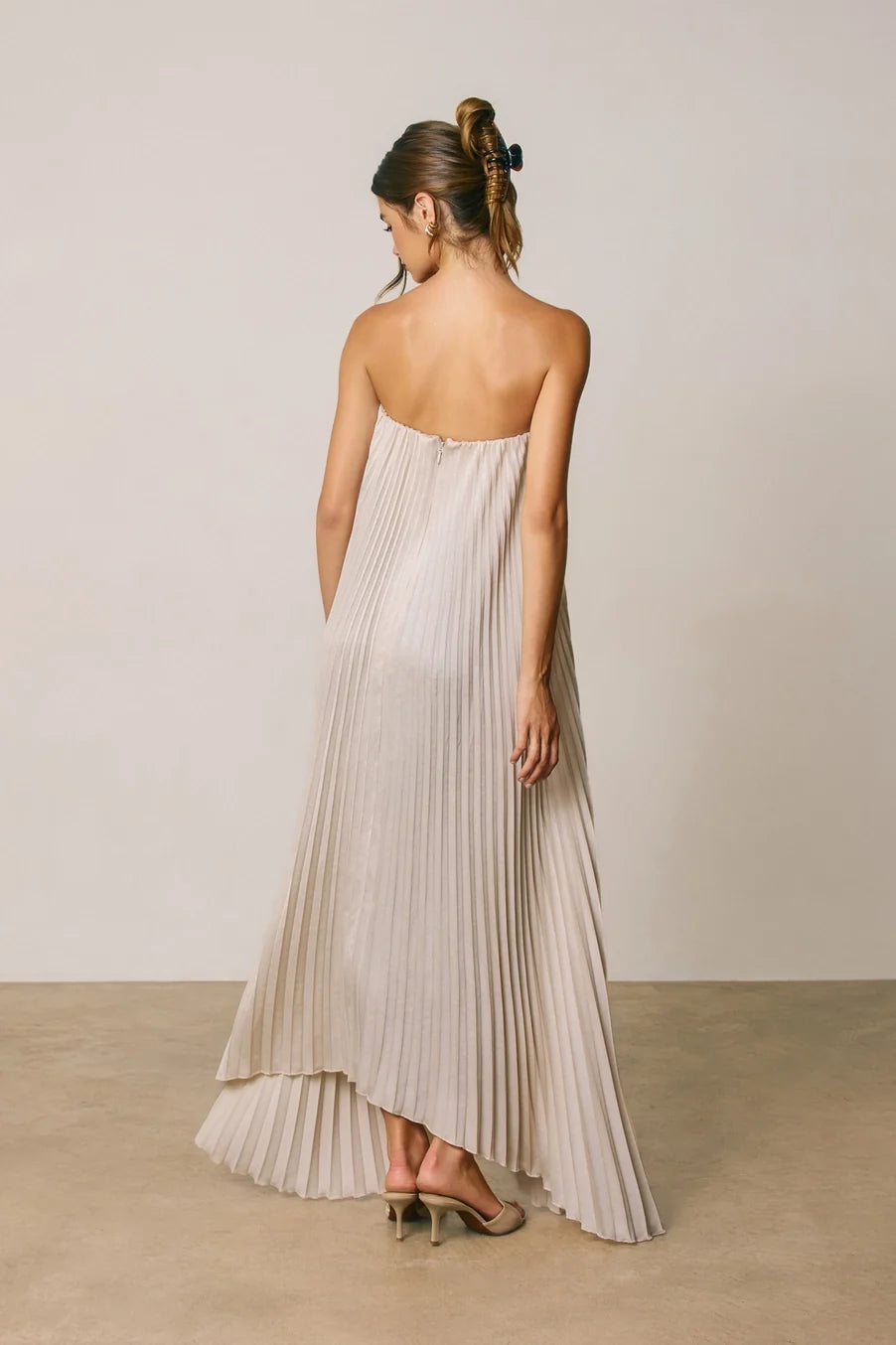 Dress Forum Satin Strapless Pleated Maxi Column Dress