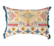 Pillow Lumbar Embroidered Velvet Cotton With Fringe Tan, Blue, Red & Yellow 16" x 24" by Homeportonline