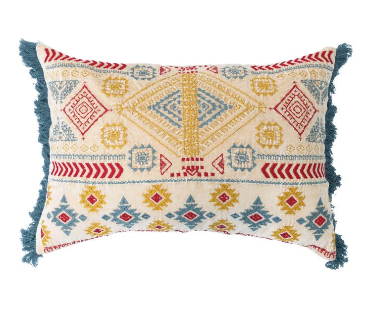 Pillow Lumbar Embroidered Velvet Cotton With Fringe Tan, Blue, Red & Yellow 16" x 24" by Homeportonline