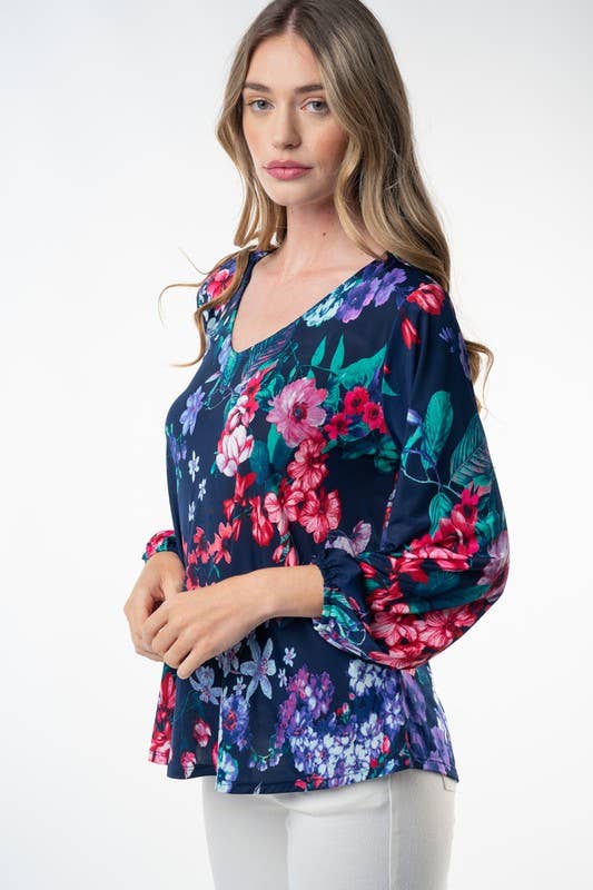 Navy Long Sleeve Floral Print Knit Top by SidePony Boutique