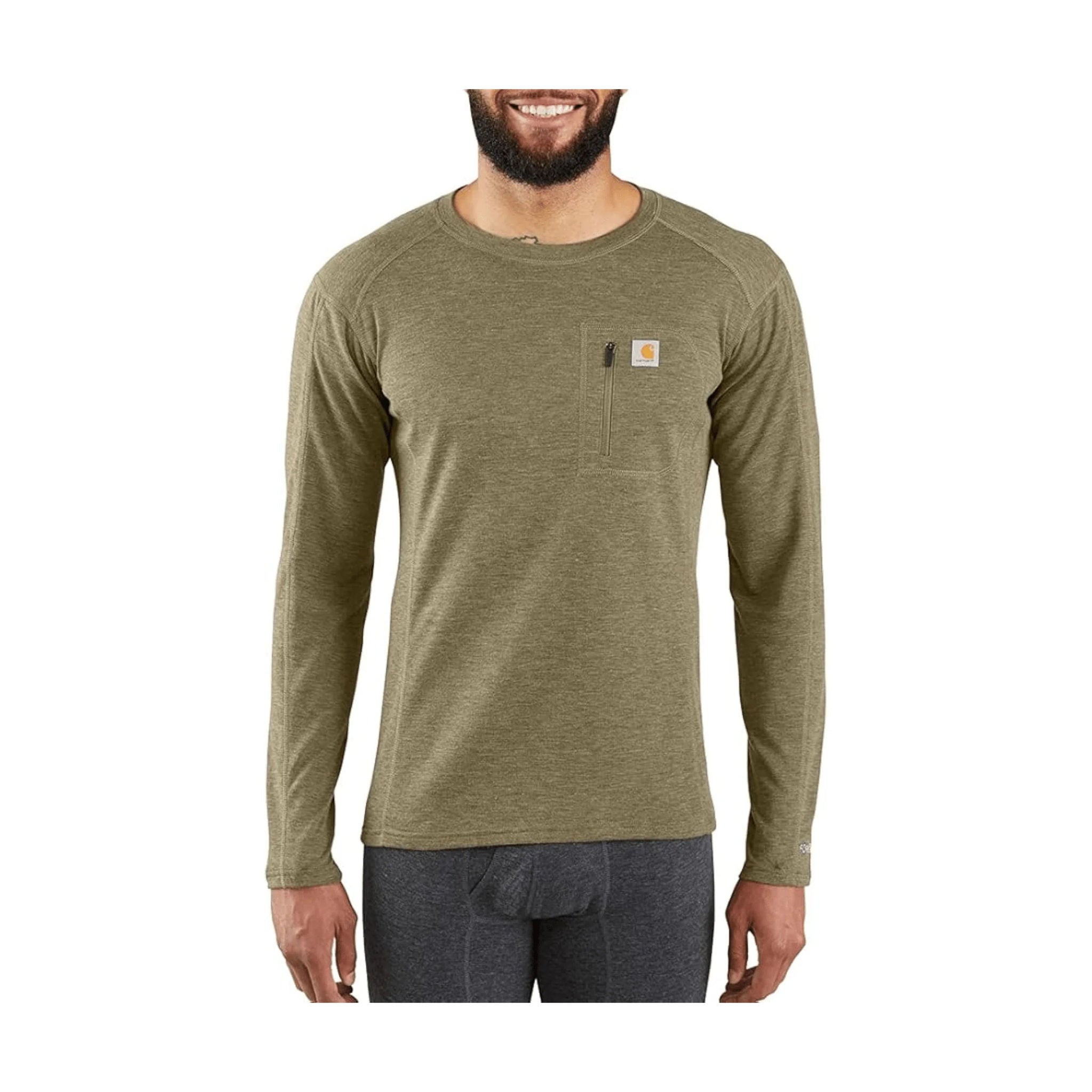 Carhartt Men's Force Midweight Synthetic Wool Blend Base Layer Crewneck Pocket Top - Burnt Olive Heather by Lenny's Shoe & Apparel