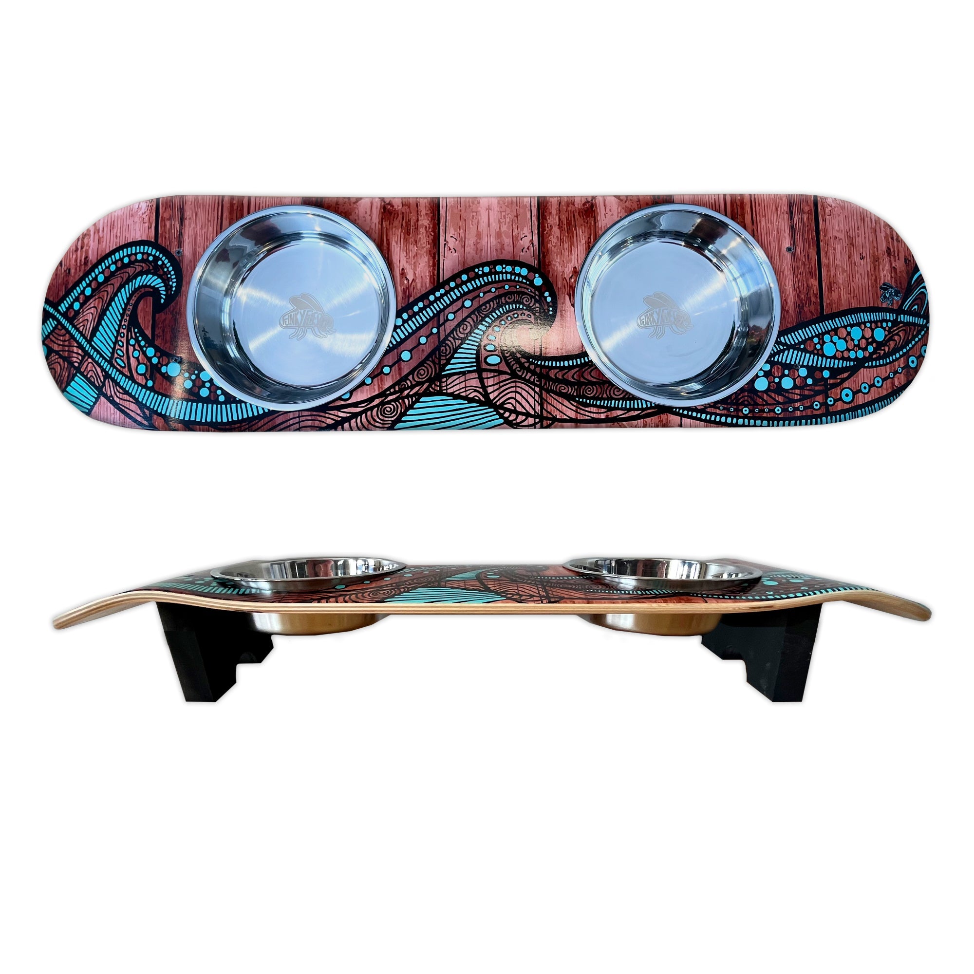 Island Time - Elevated Skateboard Cat Feeding Stand with 2 Bowls