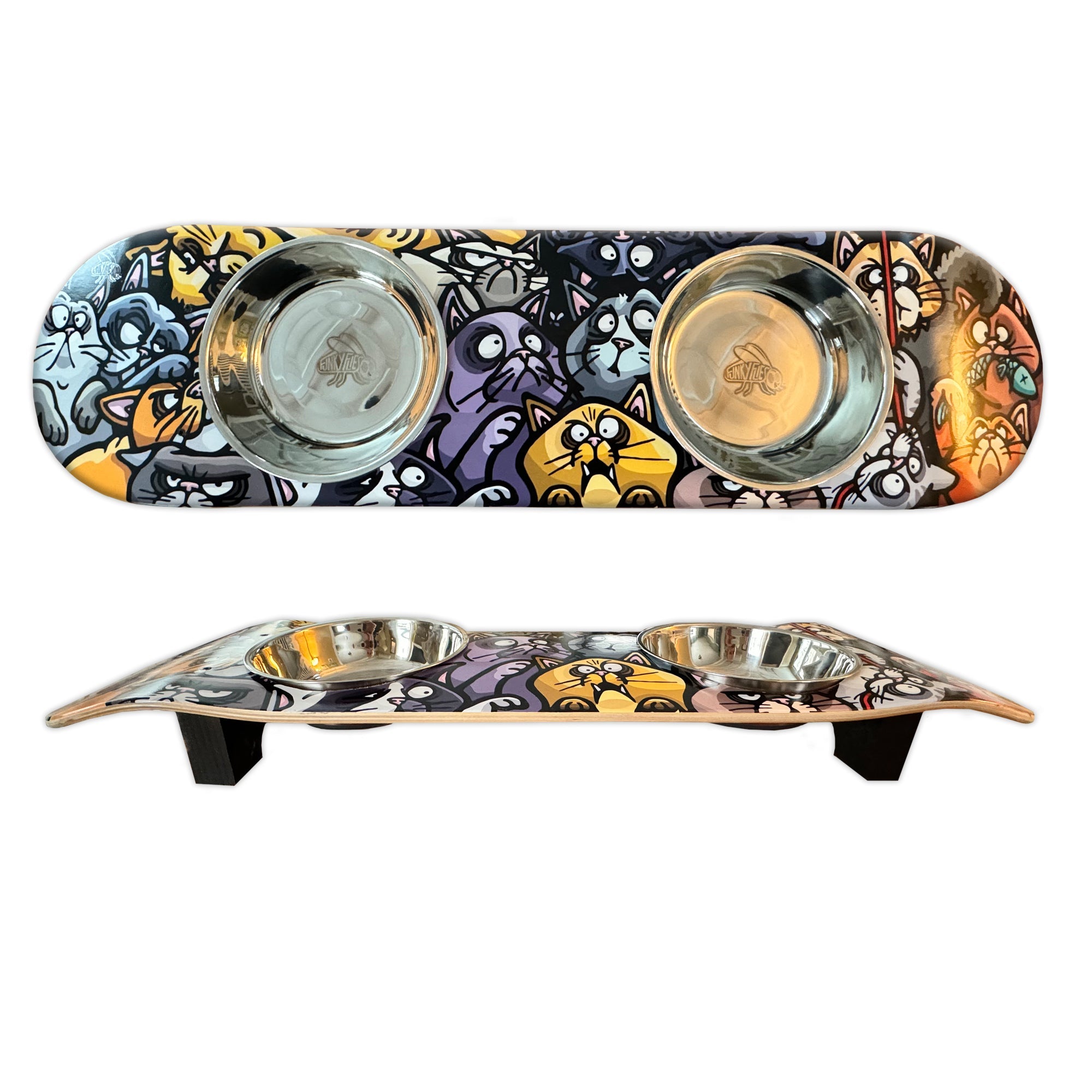 Cat Posse - Elevated Skateboard Cat Feeding Stand with 2 Bowls