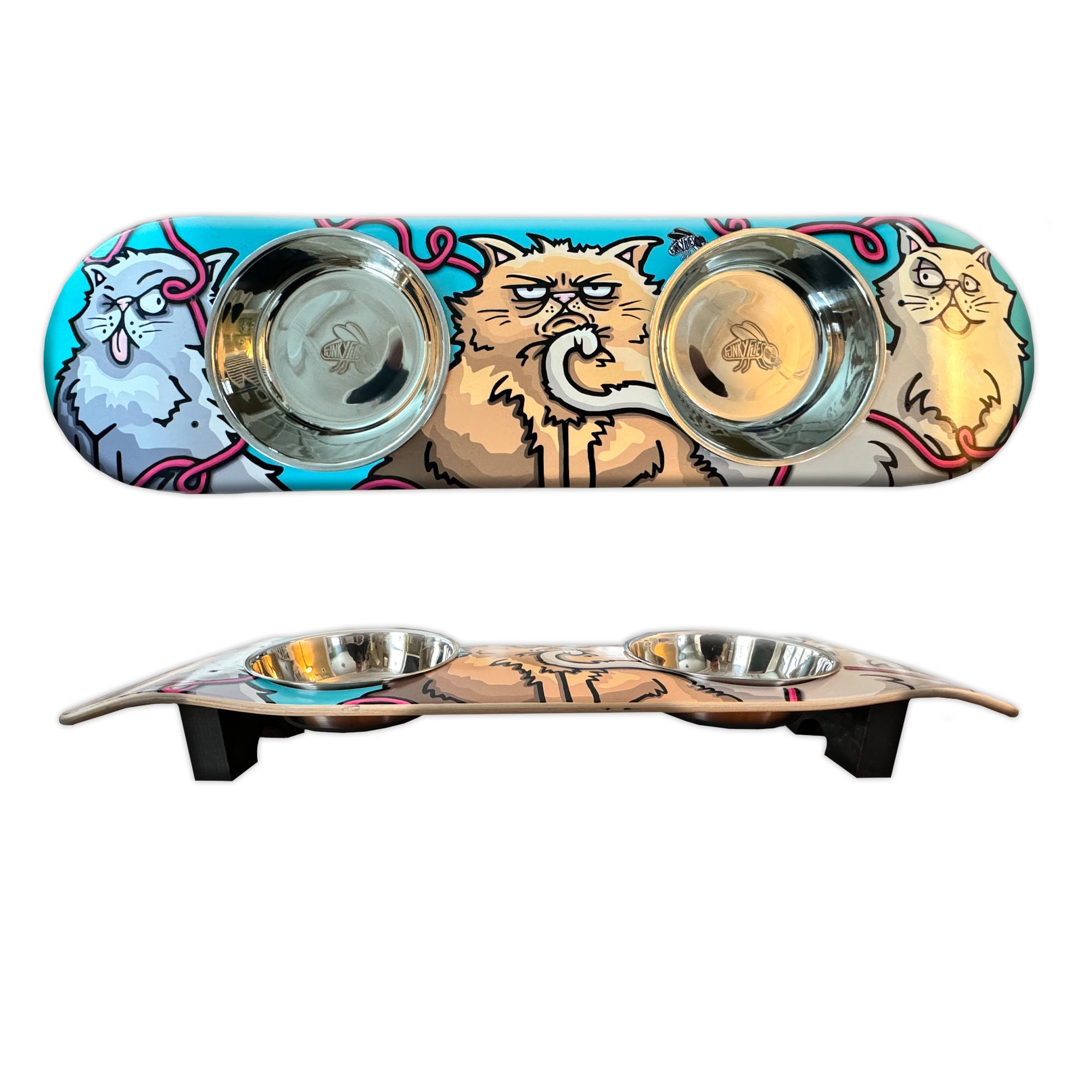 Cats With Attitude - Elevated Skateboard Cat Feeding Stand with 2 Bowls