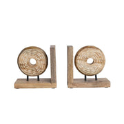 Bookends Mango Wood & Metal Circle on Stand Natural Sold As A Pair 6.5" High by Homeportonline