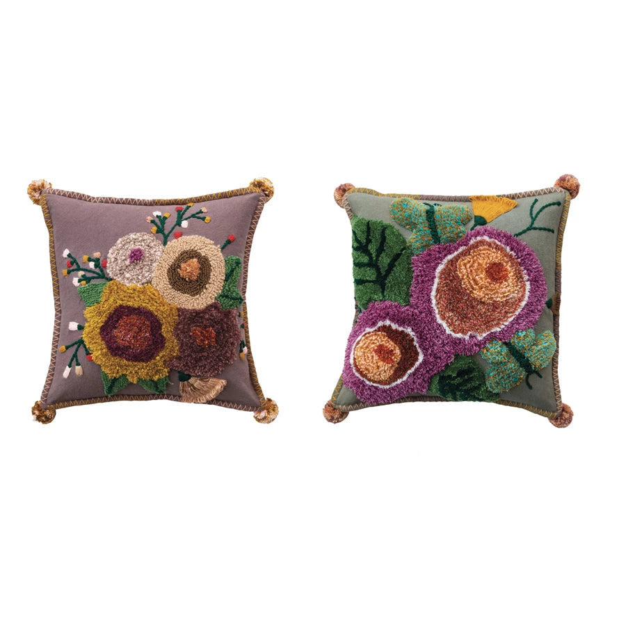 Pillow Tufted Floral w/ Pom Poms Multi Color (2 Styles, Sold Individually) 18" Square by Homeportonline